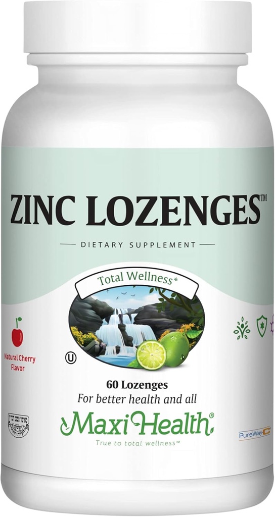 Maxi-Health Zinc Lozenges - Zinc Citrate 10mg - con vitamina C - Cherry Flavor - 60 Chewables - Kosher