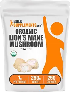 BulkSupplements.com Organic Lions Mane Mushroom Powder - Lions Mane Powder, Mushroom Supplement - Vegan & Gluten Free, 1g per Serving, 250g (8.8 oz) (Pack of 1)