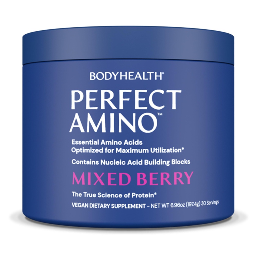 BodyHealth PerfectAmino Powder - BCAA and EAA Powder for Pre and Post Workout - Amino Acid Energy Drink for Hombres and Women to Support Lean Muscle and Recovery - Mixed Berry - 30 Servings