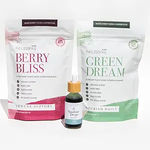 Philosophie Sunshine Drops, Green Dream, & Berry Bliss Bundle - Liquid Chlorophyll &amp; Superfood Powder Blend - All Natural Plant-Based 3pack