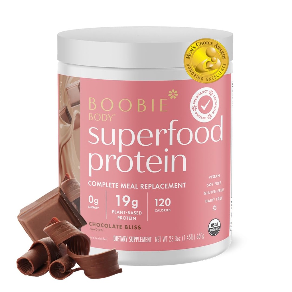 Boobie Body Superfood Protein Pregnancy and Postpartum Meal Replacement Shake, Chocolate Bliss Flavor  19g Protein ← Safe for Lactation & Motherhood ← Orgánica, Vegan, Zero Sugar, 1 Tub (20 Servings)
