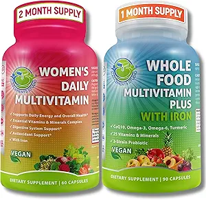 Vegan Whole Food Multivitamin with Iron & Women’s Daily Multivitamin with Iron, Organic Superfoods, Probiotics & Digestive Enzymes Bundle – Vegan, Non-GMO, Clean Daily Wellness Support
