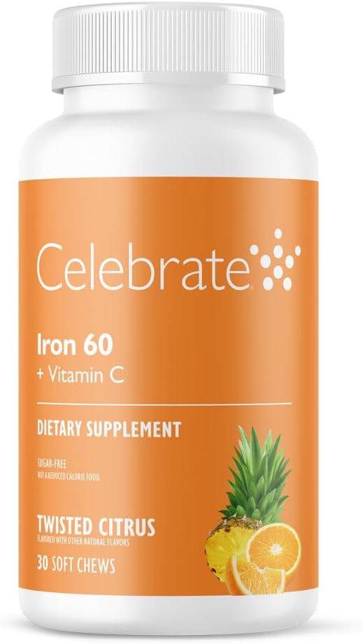 Celebrar vitaminas Suplemento de hierro con vitamina C de 60 mg de hierro – Citrus Chewables para pacientes carátricos, Bypass gástrico &amp; Sleeve Gastrectomy Apoyo 30 Tablas para cirugía post-cirugía