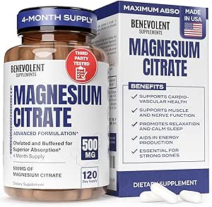 Citrate de Magnesio Premium 500mg Capsules (Citrato de Magnesio) Alta Absorción Fórmula Chelated Buffered Citrate to Support Digestión, Bone, Sleep &amp; Muscle Health - 120 Capsules