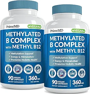 Complejo B metilcobalamina con metalfolato y B12 Metilcobalamina 1000 mcg - Multivitamina metilada para energía, función cerebral y bienestar - Complejo de vitamina B para hombres y mujeres (180 servidumbres, paquete de 2)