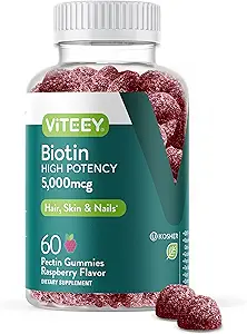 Viteey Biotin Gummies for Hair Skin and Nails - Biotin for Hair Growth Gummies - 5000 mcg - Vegan, Gluten-Free, Non-GMO – 60 Count
