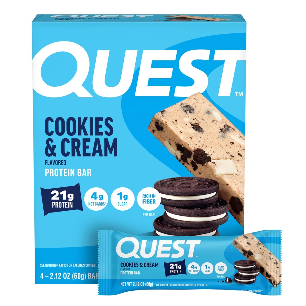 Quest Nutrition Cookies " Cream Protein Bares, 21g Protein, 4g Net Carbs, 1g Sugar, Gluten Free, Keto Friendly, 4 Count