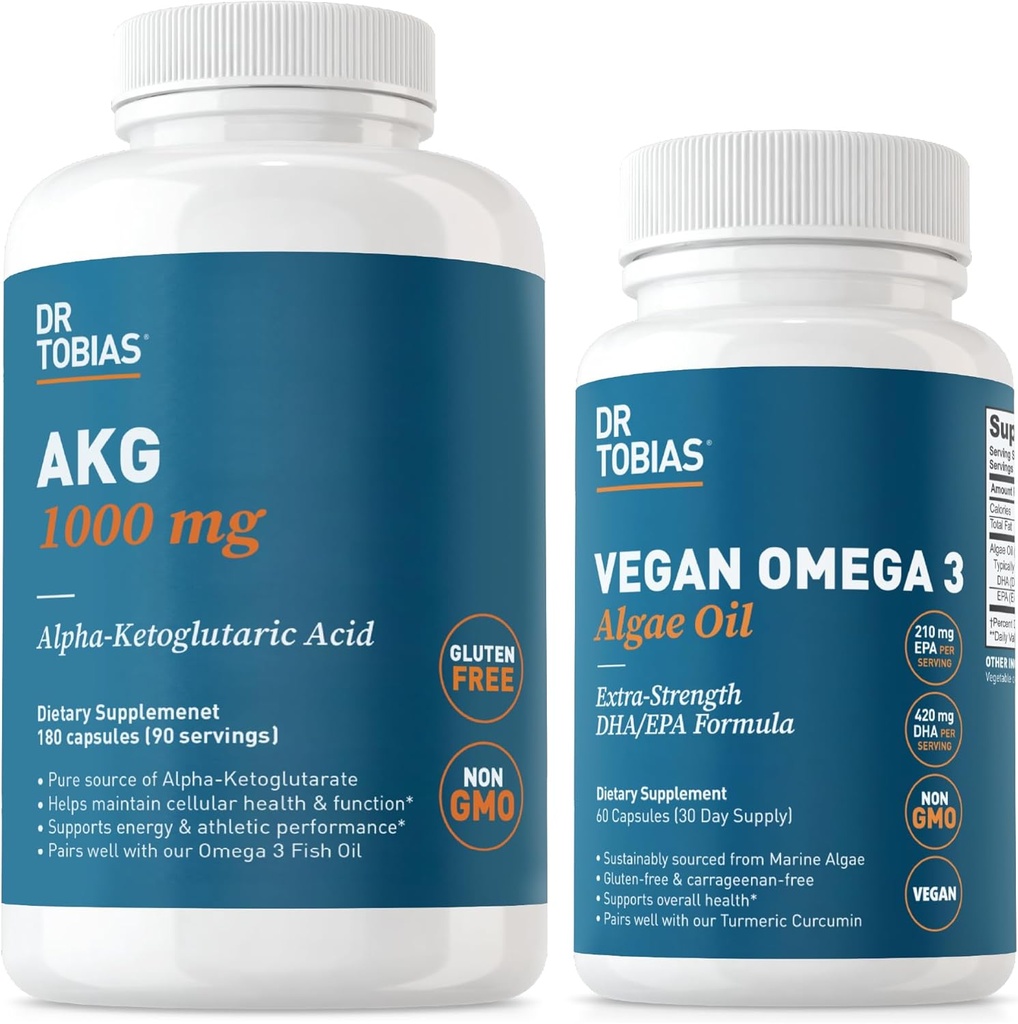 Dr. Tobias AKG Suplemento " Vegan Omega 3 Algae Oil, Support Cellular Energy " Global Health with AKG, EPA " DHA, Vegan, Gluten-Free, Non-GMO