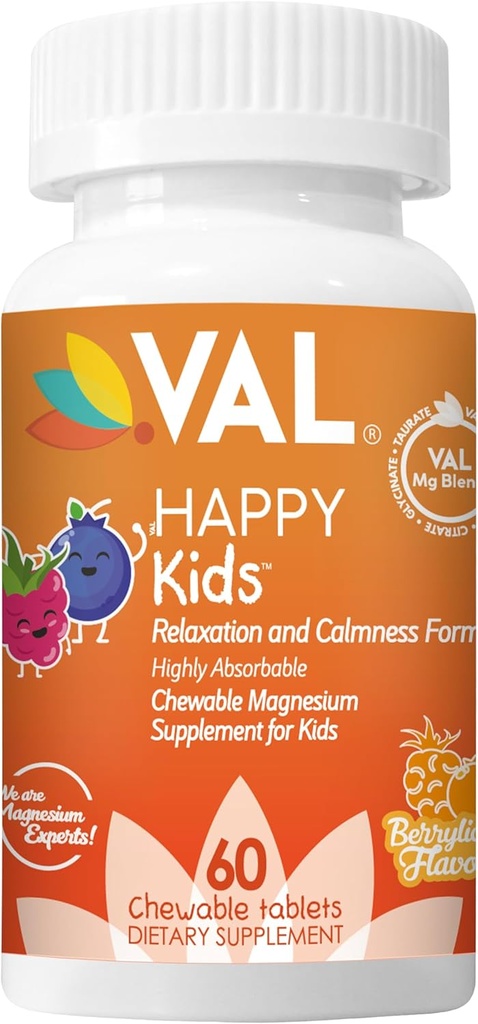 Magnesio de VAL para niños TENIDO Magnesio de alta absorción para calma, relajación " Enfórmese en Mg Glycinate, Citrate " Taurate TENIDO con Vitamina B6, D " C TENIDO Sin azúcar, sin azúcar TENIDO 60 Tabletas Chewable
