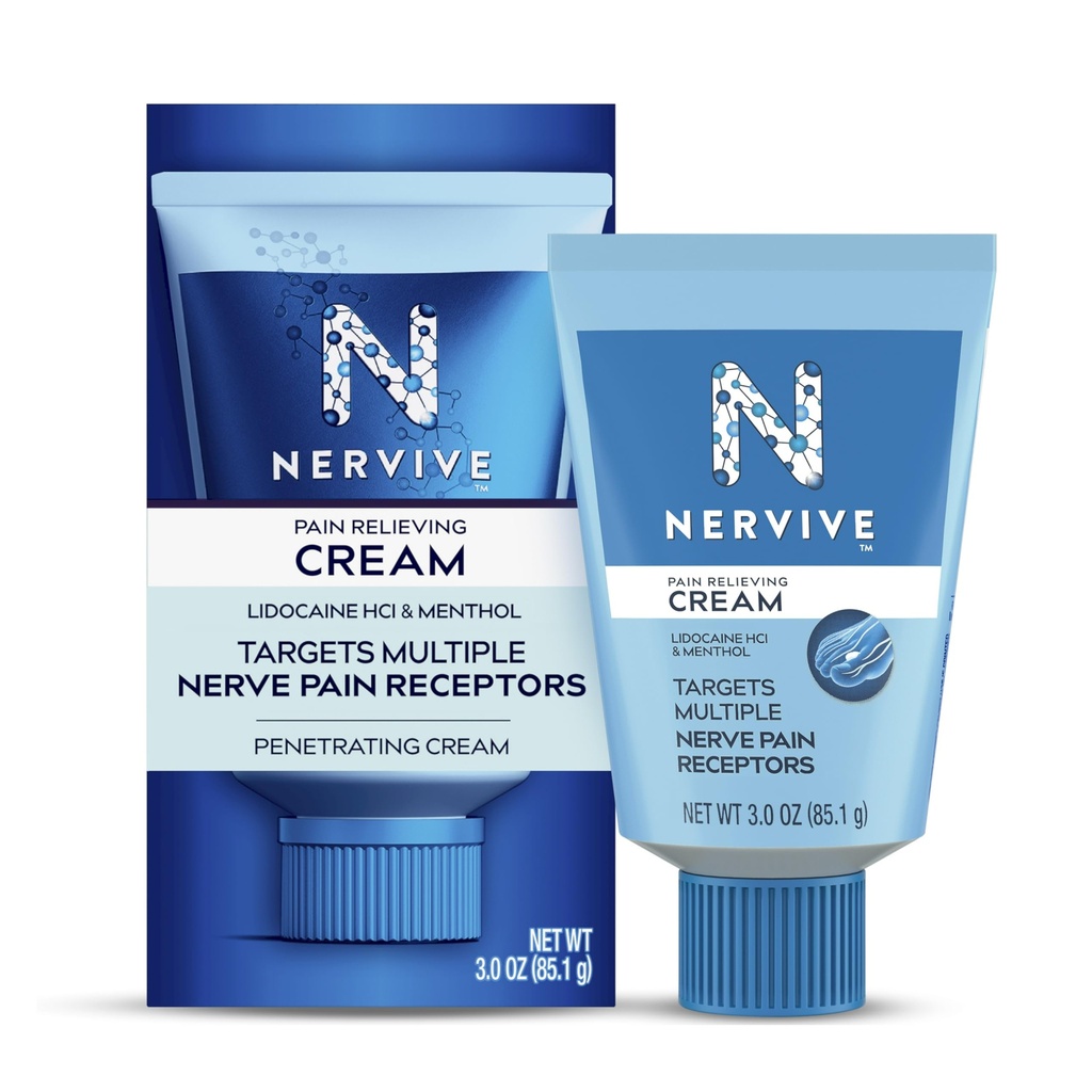 Crema de Dolor Nervive, Max Strength No-Greasy Crema de Dolor Tópico con Lidocaína y Menthol para los dedos, Pies, Fingers, Manos, Legs &amp; Arms, 3.0oz