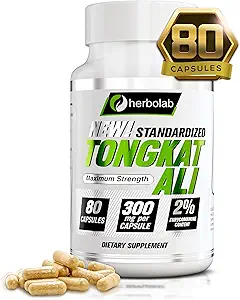 Herbolab Tongkat Ali For Men Root Suplemento 200:1, Estándarizado al 2% Eurycomanone, 1200 mg, 30 Day Supply, Longjack Tongkat Ali for Men, Eurycoma Longifolia Extract Powder Capsules, Malaysian Ginseng