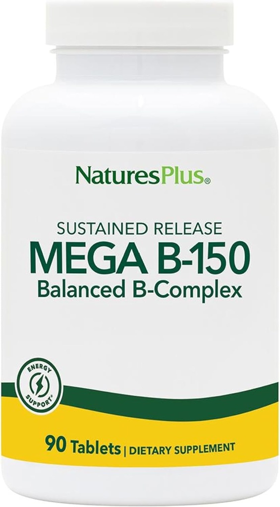Natures Plus Mega B-150 Complejo - 90 Tabletas Vegetarianas de Liberación Sostenida - Maximum Potency B Complex Vitamin Supplement -Gluten Free - 90 Servings