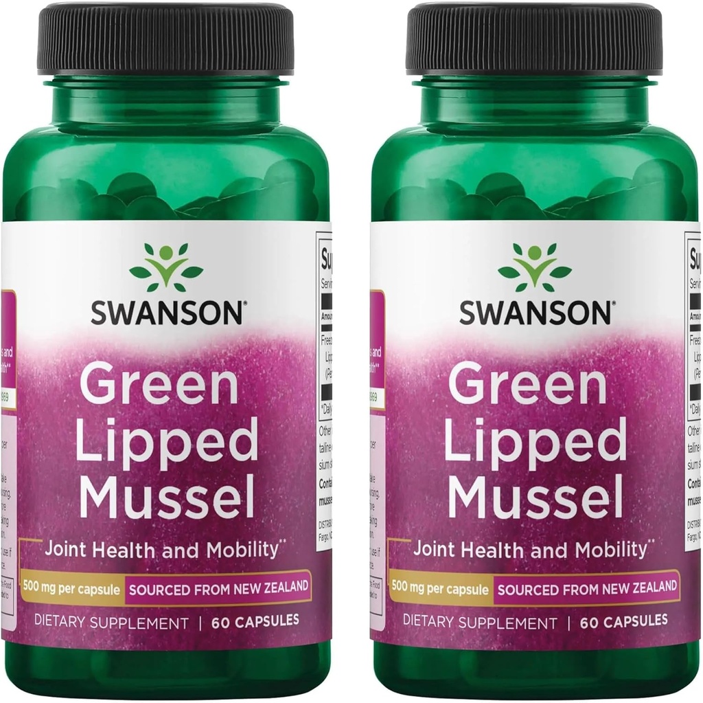 Swanson Green Lipped Mussel (Freeze-Dried) - New Zealand Joint Health & Mobility Supplement - Natural Formula May Support Heart Health & Digestive Function - (60 Capsules, 500 mg cada uno) (2 Pack)