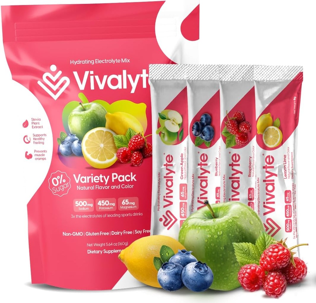 Electrolyte Powder No Sugar Stevia Sweetened 100% Natural Hydration Packets - 20 Conde peru Sodium, Potassium Citrate &amp; Magnesium L-Threonate (5.64, Variety Pack)