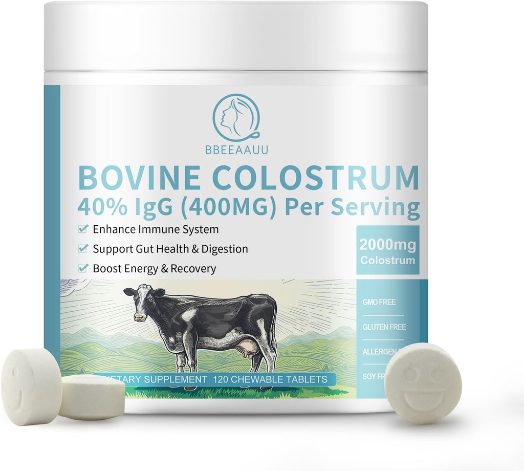 Bovine Colostrum 120 Chewable Tablets, 2000mg Colostrum Suplemento 40% IgG, para Immune Support, Gut Health, Hair Growth, Energy, 100% Grass Fed & First-Milking, Gluten-Free, Soy-Free