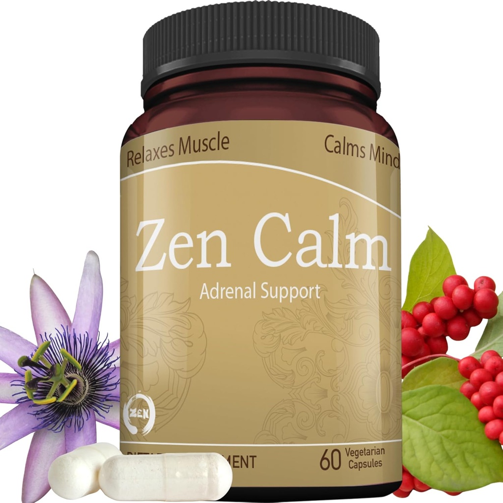 Zen Calm Stress Apoyo Adrenal Suplemento Hierbas Adaptogénicas Orgánicas - Magnesio, B Vitaminas, GABA &amp; More to Support a Natural Calm. No somnoliento. Non-GMO (60 Veggie Caps)