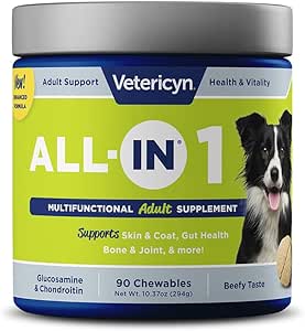 Vetericyn All-in 1 Multifunctional Dog Supplement ← Enzymes Digestivos + Glucosamina y Condroitina para Bone y Soporte Conjunto + Vitaminas, Antioxidantes, Prebióticos, Probióticos y Omegas. Cuenta 90
