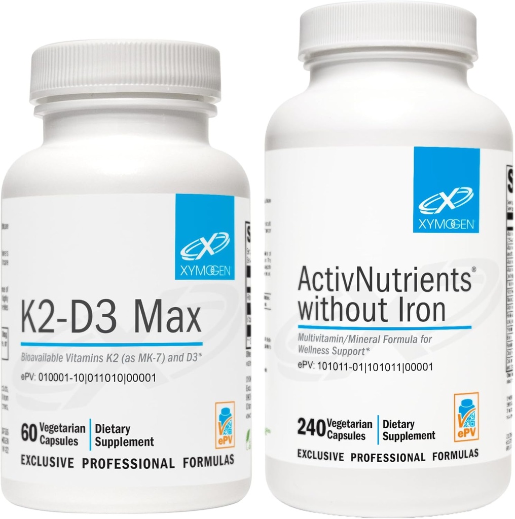 XYMOGEN ActivNutrients Without Iron (240 cápsulas) + K2-D3 Max (60 cápsulas) - Multivitamin for Energy and Mood Support with Vitamin D 5000 IU Capsules + Vitamina K2