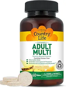 Country Life Adult Chewable Multivitamin with Coenzyme B-Vitamins, Antioxidants, Minerals, Pineapple-Orange Flavor - Supports Energy Metabolism and Immune Health, Gluten Free - 60 Wafers