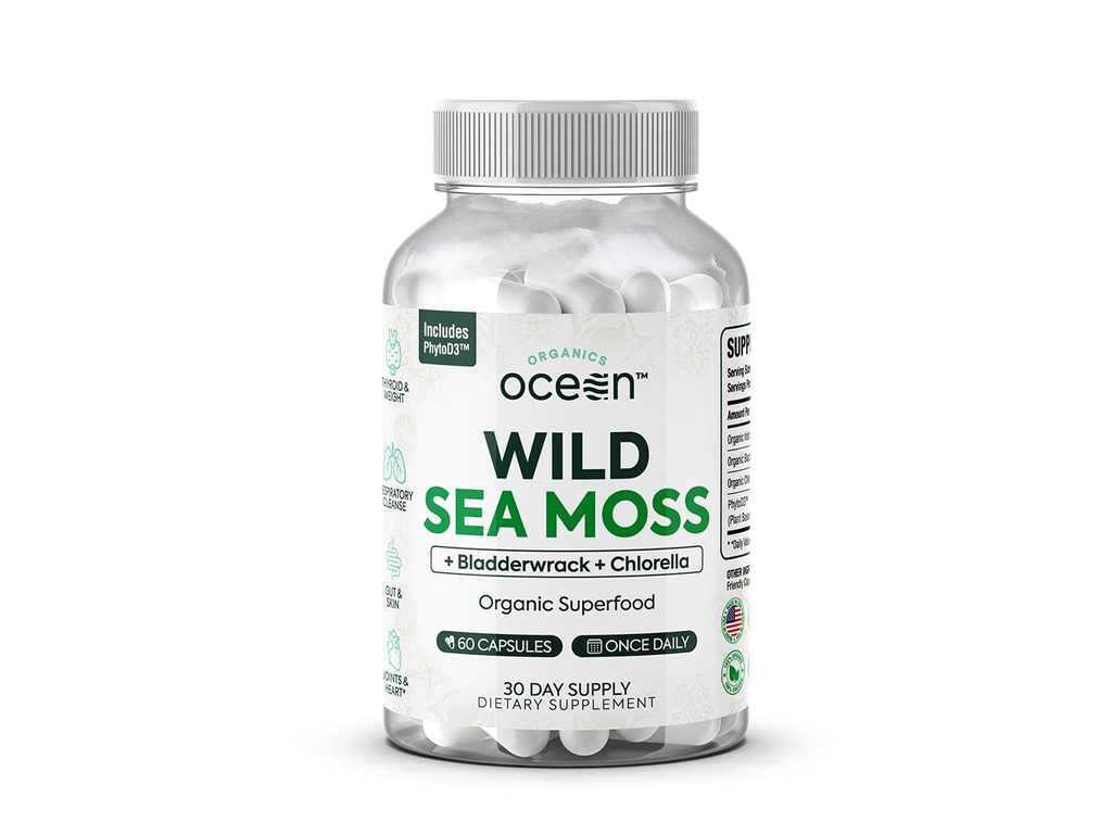 Organics Ocean Wild Sea Moss Capsules - 100% Organic Irish Sea Moss with Organic Chlorella, Bladderwrack and Vitamin D for Energy, Lung Health and Thyroid Support for Women and Men - 60 Capsules