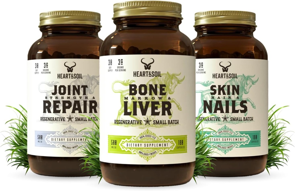 HEART &amp; SOIL Joint " Mobility Stack – 3 items: Bone Marrow " Liver, Joint Strength " Repair, Skin, Hair " Nails for Full-Body Wellness, Collagen Support, Flexibility, and Recovery