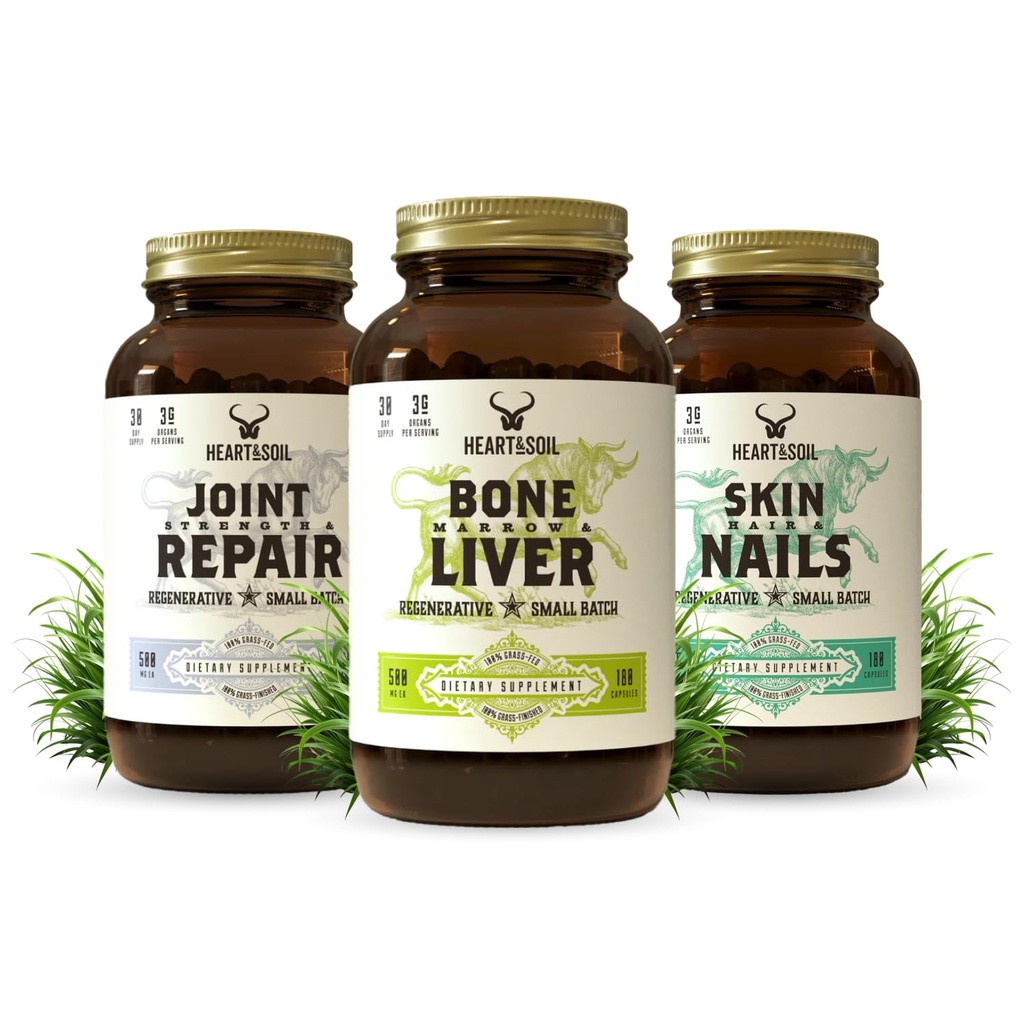 HEART &amp; SOIL Joint " Mobility Stack – 3 items: Bone Marrow " Liver, Joint Strength " Repair, Skin, Hair " Nails for Full-Body Wellness, Collagen Support, Flexibility, and Recovery