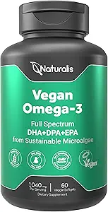 Naturalis Vegan Omega 3 DHA, EPA & DPA from Algae | Vegan Society Certified, Sustainably Sourced, True Full Spectrum | 60 Veggie Softgels (Carrageenan Free)