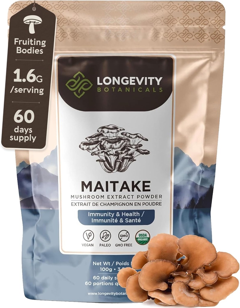 Organic Maitake Mushroom Powder Suplemento 100g ← Pure Fruiting Body 10:1 High Strength Extract TEN 30% Beta-D Glucans TEN 16,600mg Raw Equivalent Por Serving ¦ Immune, Metabólica &amp; Wellness Support