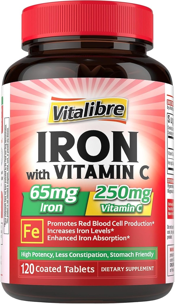 Suplemento de hierro 65 mg con vitamina C, Hierro de Carbonilo Amistoso, Alta Potencia " Absorción, para los niveles de energía de hierro sano, apoya la producción de células rojas de sangre, 120 tabletas