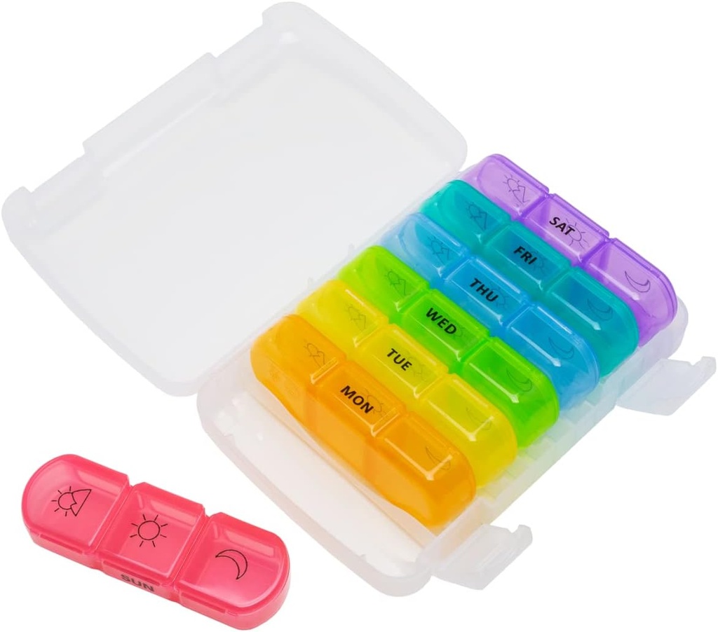 EZY DOSE Weekly (7-Day) Daily Medtime Pill Organizer Case, Vitamin Planner and Medicine Container, Removible Grande Pop-Out Individual Compartments, 3 Times a Day, Travel Friendly, Rainbow, BPA Free