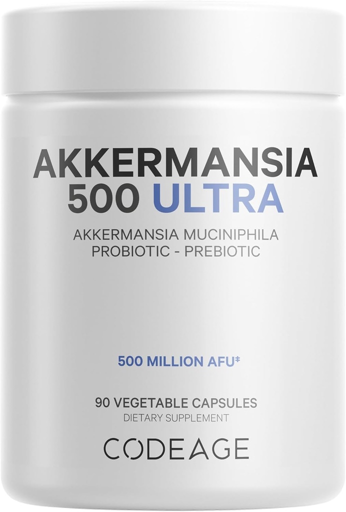 Codeage Akkermansia Muciniphila Probiotic Ultra - High-Potency 500M AFUs Akkermansia Probiotic Supplement - Enhanced Daily Probiotic & Prebiotic, Chicory Inulin - 3-Month Supply - 90 cápsulas