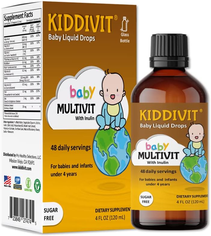 Kiddivit Baby Multivitamin Liquid Drops with Inulin - 48 Daily Servings, 4 Fl Oz (120mL) - Glass Bottle - Sugar Free, Gluten Free, Vegetarian Friendly