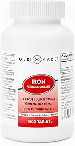 GeriCare Ferrous Sulfate Tablets 325mg, Elemental Iron 65 mg Suplemento de Hierro de Alta Potencia ← No Artificial Color Additives Suplemento dietético 1000 Conde. (Pack of 1)