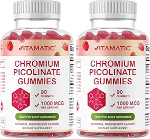Vitamatic Chromium Picolinate 1000 mcg - 90 Gummies - Chromium de alta potencia - Sabor de frambuesa (Total 180 Gummies) 2 Packs
