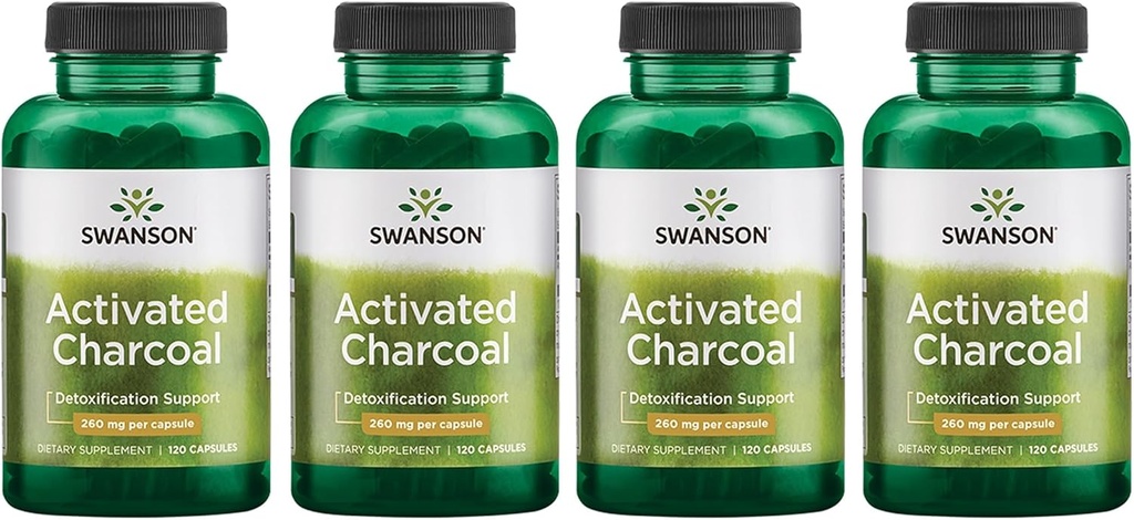 Carbón Activado de Swanson - Suplemento Natural Apoyo a la Absorción Saludable - Ayuda a w/Bloating " Mantener la regularidad del intestino - (120 cápsulas, 520 mg por servicio) 4 Pack