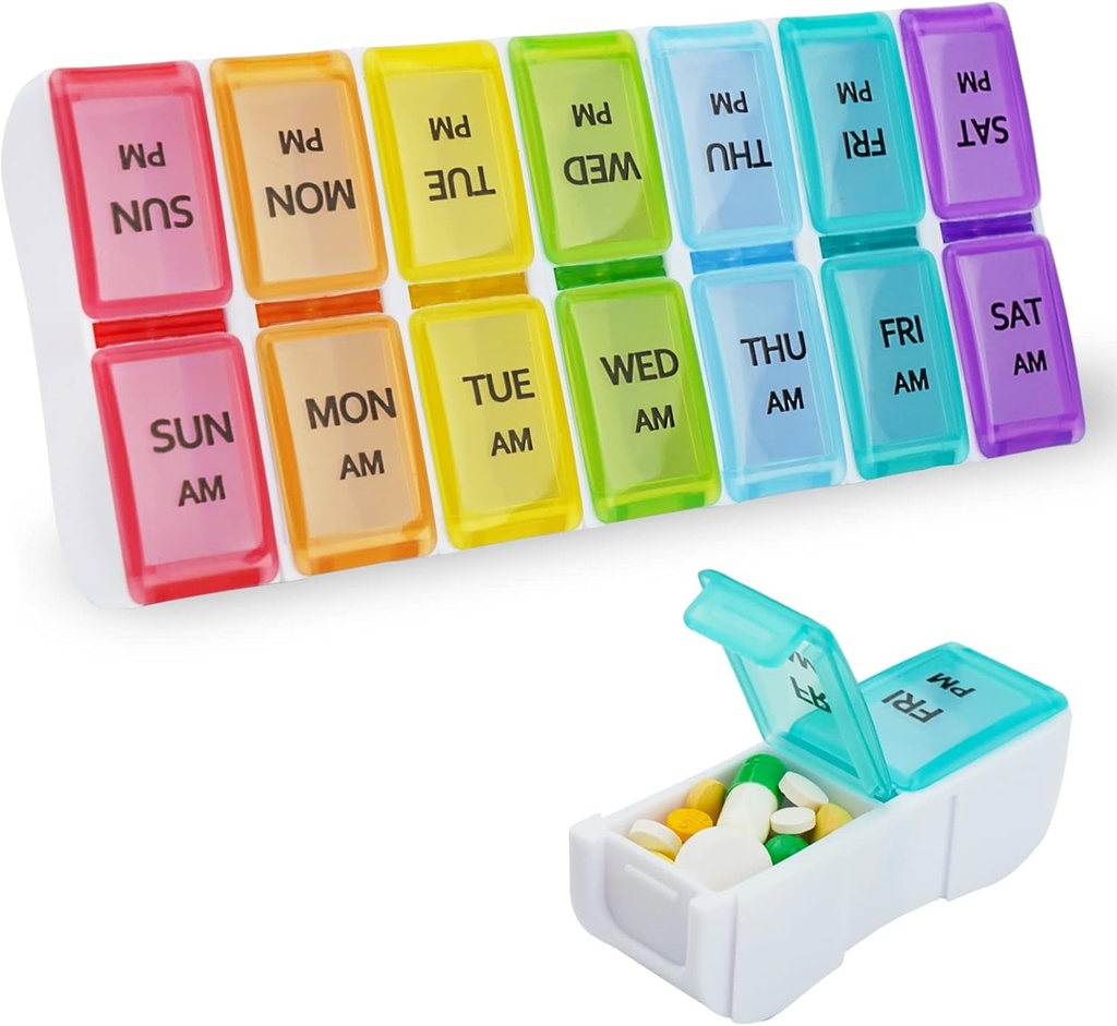 DailyRest Pill Organizer 2 veces al día, Pill Box 7 Day, AM PM Pill Case, Detachable Weekly Pill Container, Rainbow See-Through Lids, Travel Portable Medicine Container for Pill/Vitamins/Supplements