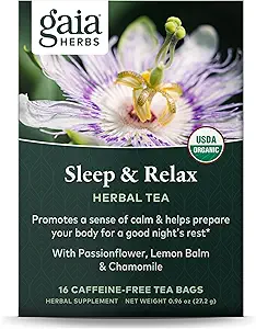 Gaia Herbs Sleep & Relax Herbal Tea - Ayuda de sueño de apoyo para una calma natural para prepararse para un descanso de buena noche* - Con Pasionflower, Chamomile & Lemon Balm - 16 bolsas de té sin cafeína