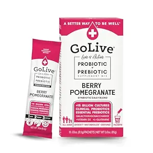 Prebiótico y Probiótico GoLive para Mujeres, Hombres, Niños. Polvo sinbiótico de granada de Berry w / L-Glutamina, vitamina D3, electrolitos. Para Gut Health, Digestión, Metabolismo, Inmunity 15-50B CFUs.