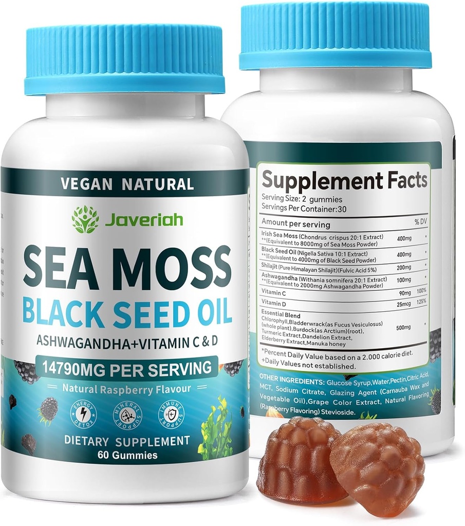 Vegan Ashwagandha Sea Moss Gummies - Aceite de semillas negras, vitamina C sensible para soporte inmunitario, digestivo, antioxidante 13 en 1 Bundle, Sea Moss Chlorophyll Advanced Strength Formula 2Pack 120 Gummies