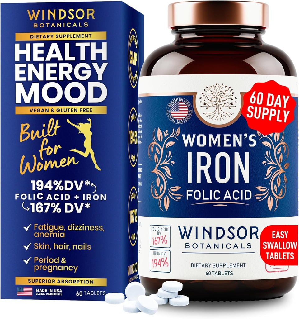 Suplementos de hierro y ácido fólico para mujeres - 35 mg Gentle Iron Vitamina, ácido fólico 400mcg - Anemia, Período, Apoyo al Embarazo Suplemento, Ferrous Sulfate Pills - 60 Vegan Non-Constipating Tablets
