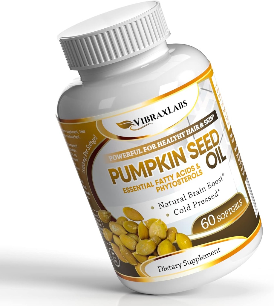 Vibraxlabs Pumpkin Seed Oil - 100% Cold Pressed Pure 1000mg Extracción - Lo mejor para el crecimiento del cabello, tinger Mirando la piel & cara, Bladder Control Suplemento, 60 Softgels
