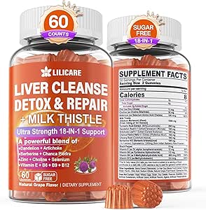 1Pack Milk Thistle Liver Detox Gummies, 18-in-1 Liver Cleanse Detox &amp; Repair Supplement with Berberine, Chicory Root, Turmeric, Artichoke, Dandelion Root, Chanca Piedra, Vitaminas B6 B12 - Sugar Free