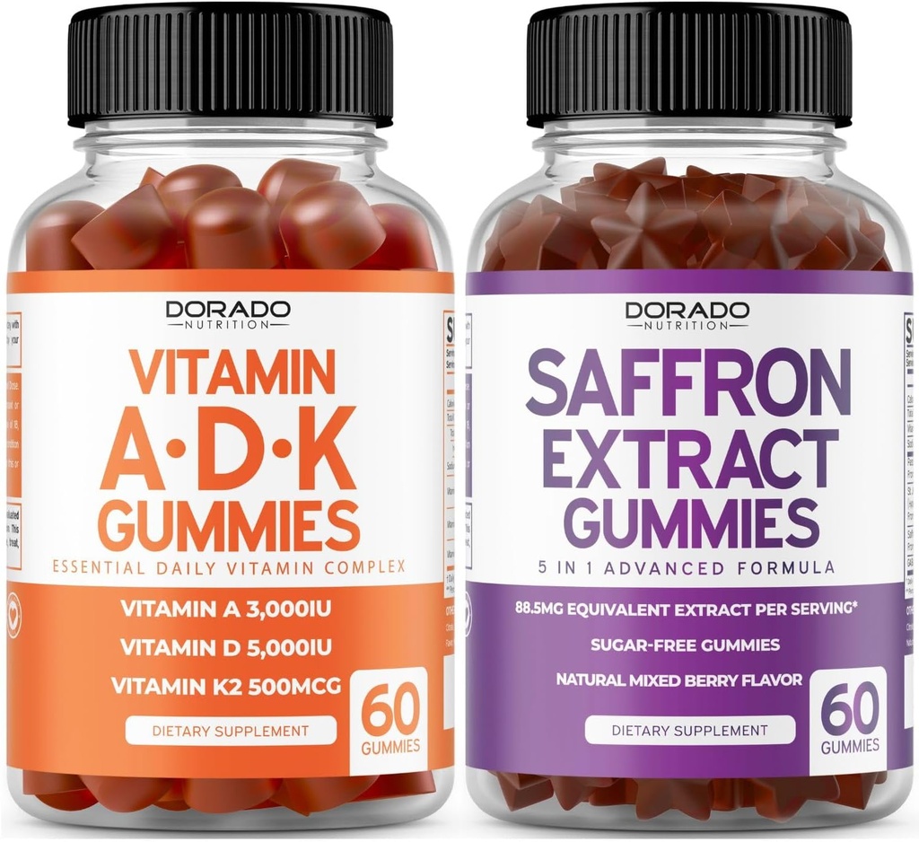 ADK Vitamina D3 K2 D (60 Gummies) K - 10 Vegan Suplemento - Delicious Raspberry Flavor y Saffron (60 Gummies) Premium Sugar Suplementos gratis para adultos - 5 en 1 Advanced Formula - Vegan &amp; USA Made