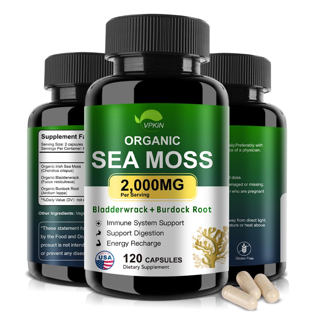 VPKIN Organic Sea Moss Capsules with Bladderwrack,Burdock Root and Black Pepper Extract-Irish SeaMoss Pills 2000mg-Promotes Immune System,Thyroid Support(120 Capsules)