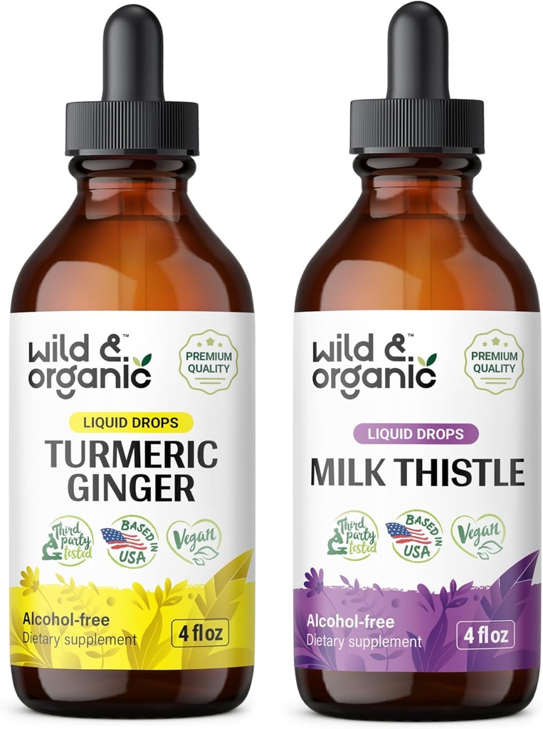 Wild &amp; Organic Turmeric Ginger Tincture 4 fl oz &amp; Milk Thistle Tincture 4 fl oz