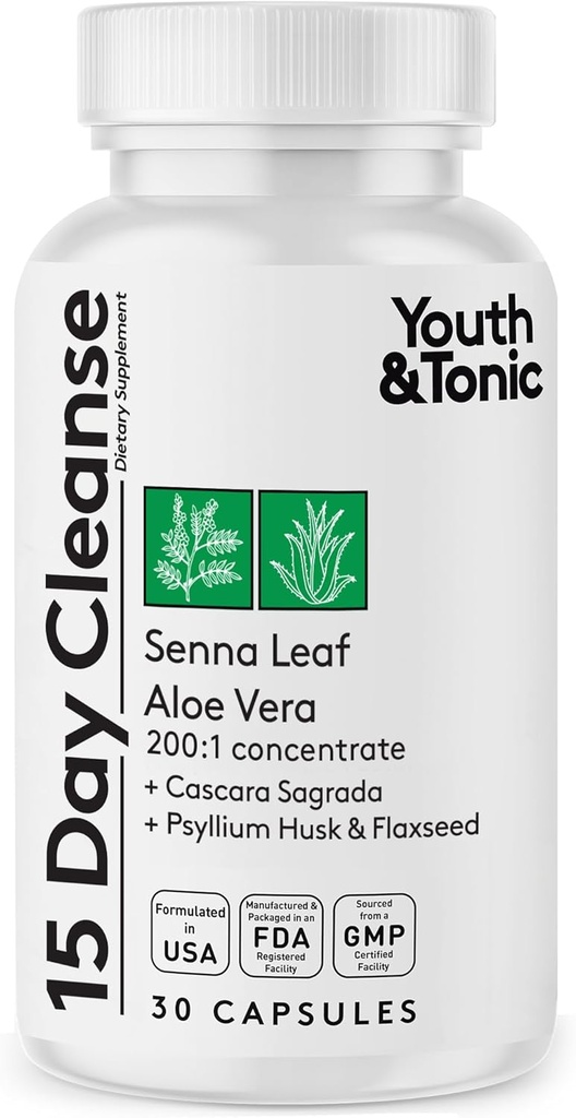 Jóvenes &amp; Tonic 15 Días Limpieza: Gut Health and Colon Detox to Break The Plateau, Ayuda con Belly Bloat, Regularity, y para Sentir Más Ligero y Más Energizado para Mujeres Hombres, Hecho en EE.UU., 30 Píldoras