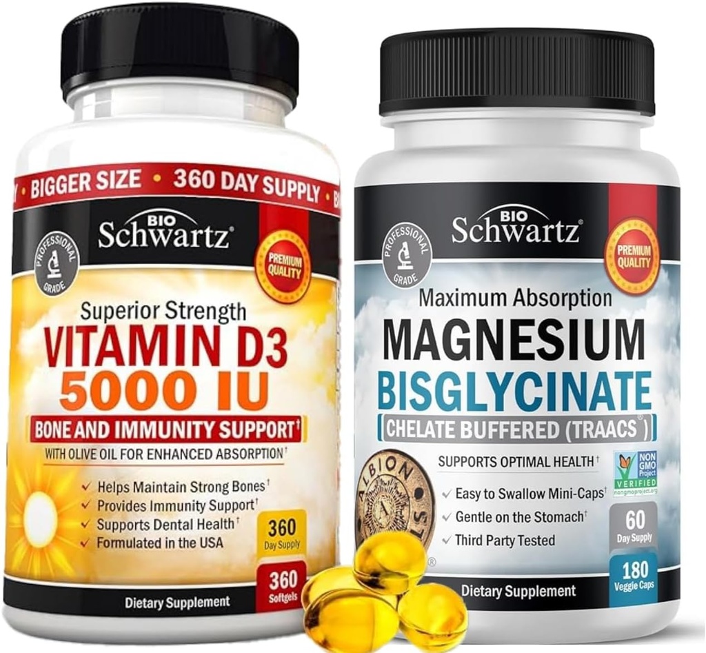 Vitamina de alta resistencia D3 5000 UI 125 mcg (1 año de suministro) Más cápsulas de alta absorción Magnesio Bisglycinate (2 mes de suministro)