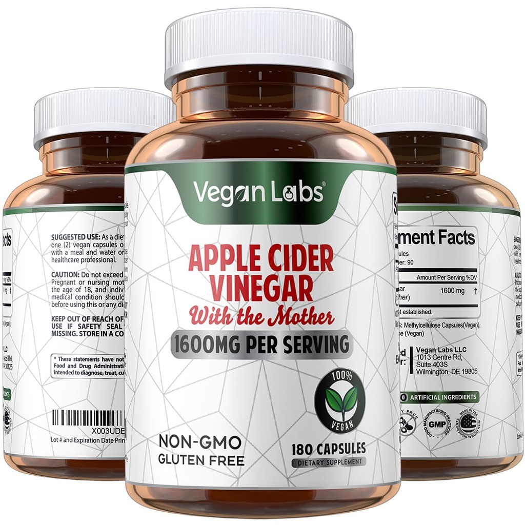 Laboratorios veganos Apple vinagre cider cápsulas con las cápsulas veganas madre- 180, 1600MG Por Serving- 100% natural ACV píldoras- soporta la digestión saludable, Keto, Manejo de peso, Detox, y el sistema inmunológico