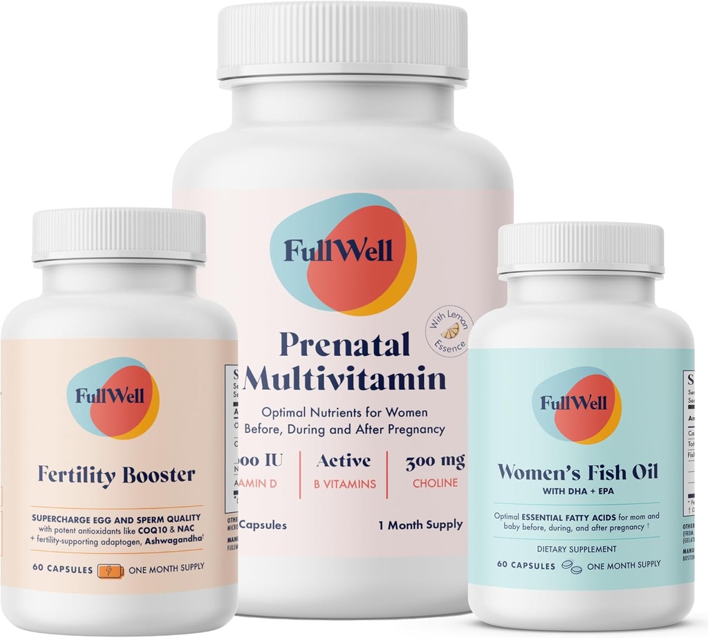 FullWell Fertility Trio TENIDO Vitamina Prenatal Lemon + DHA & Fertility Booster TENIDO Choline, Folate, Omega 3, Coq10, NAC, 26+ Nutrientes Vitales ← Dietitian-formulated, Non-GMO, 3er Partido Tested, 30 Servings