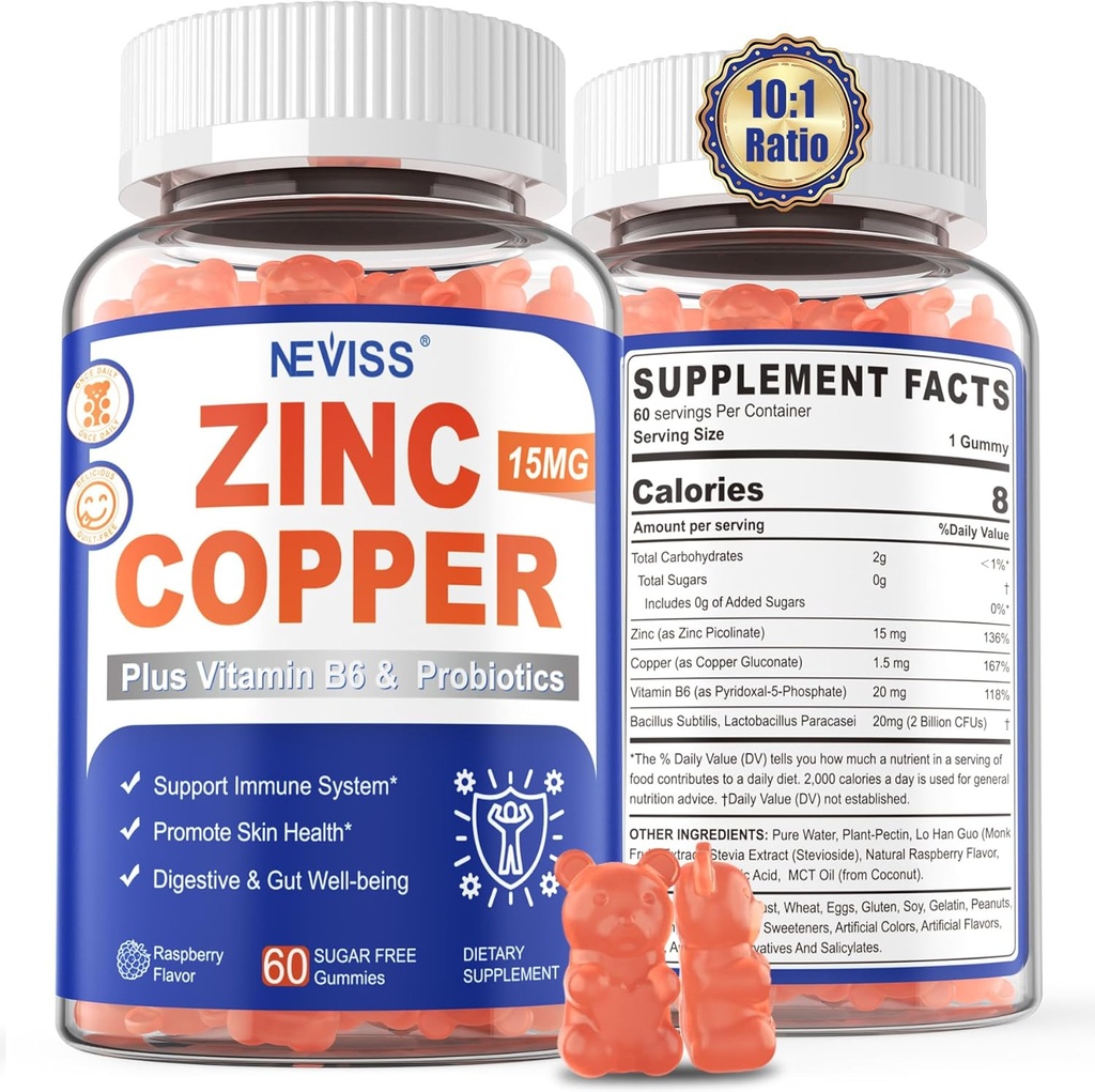 Zinc Gummies con cobre + Probióticos, Vitamina B6 para Max Absorción, Suplementos Zinc para Hombres y Mujeres, Dos Minerales Esenciales Balance Fórmula para la Inmunidad y Salud Gut, Vegan, No GMO, 120 Cts